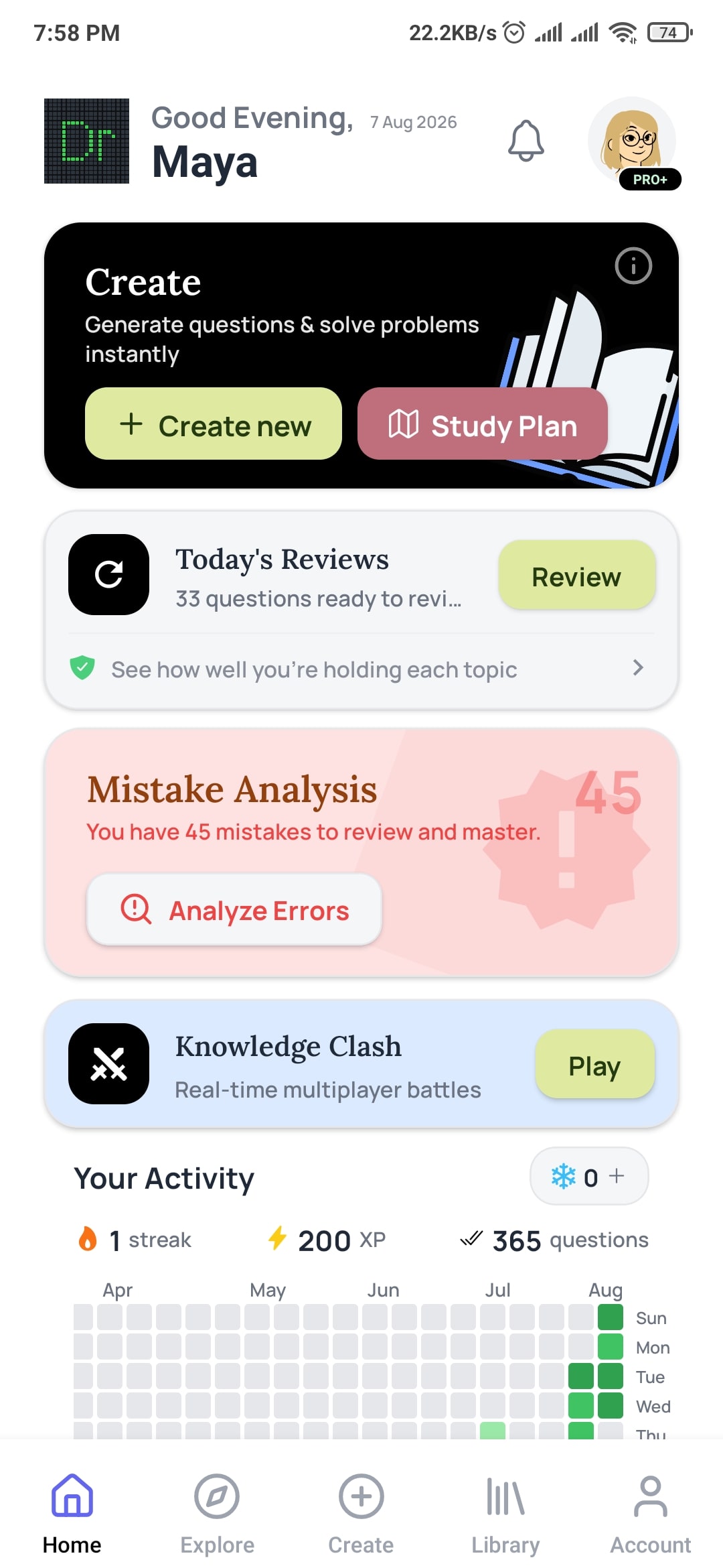 DeepRevision home screen showing today's reviews, a mistake analysis card and a study streak grid