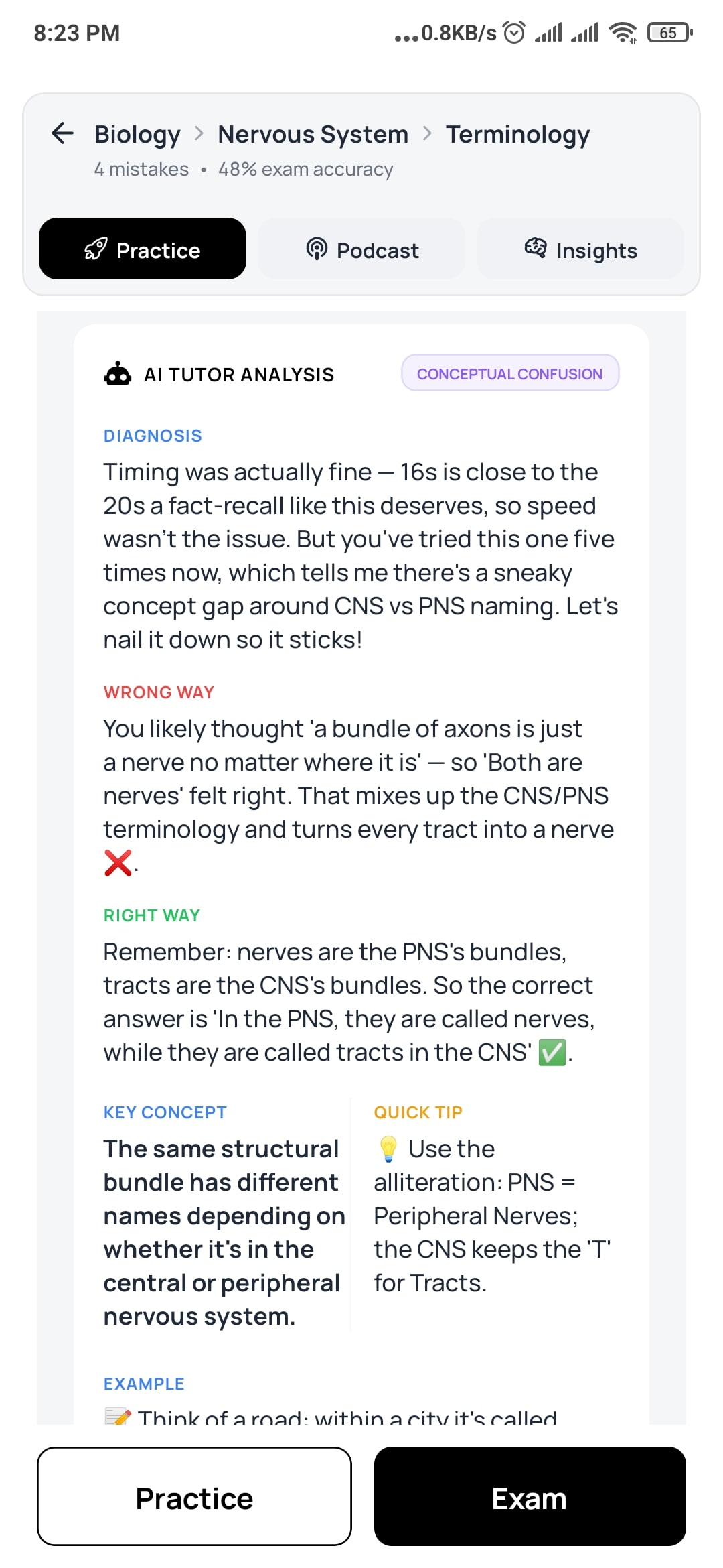 AI tutor analysis of a wrong answer, broken into diagnosis, wrong way, right way, key concept and a quick tip