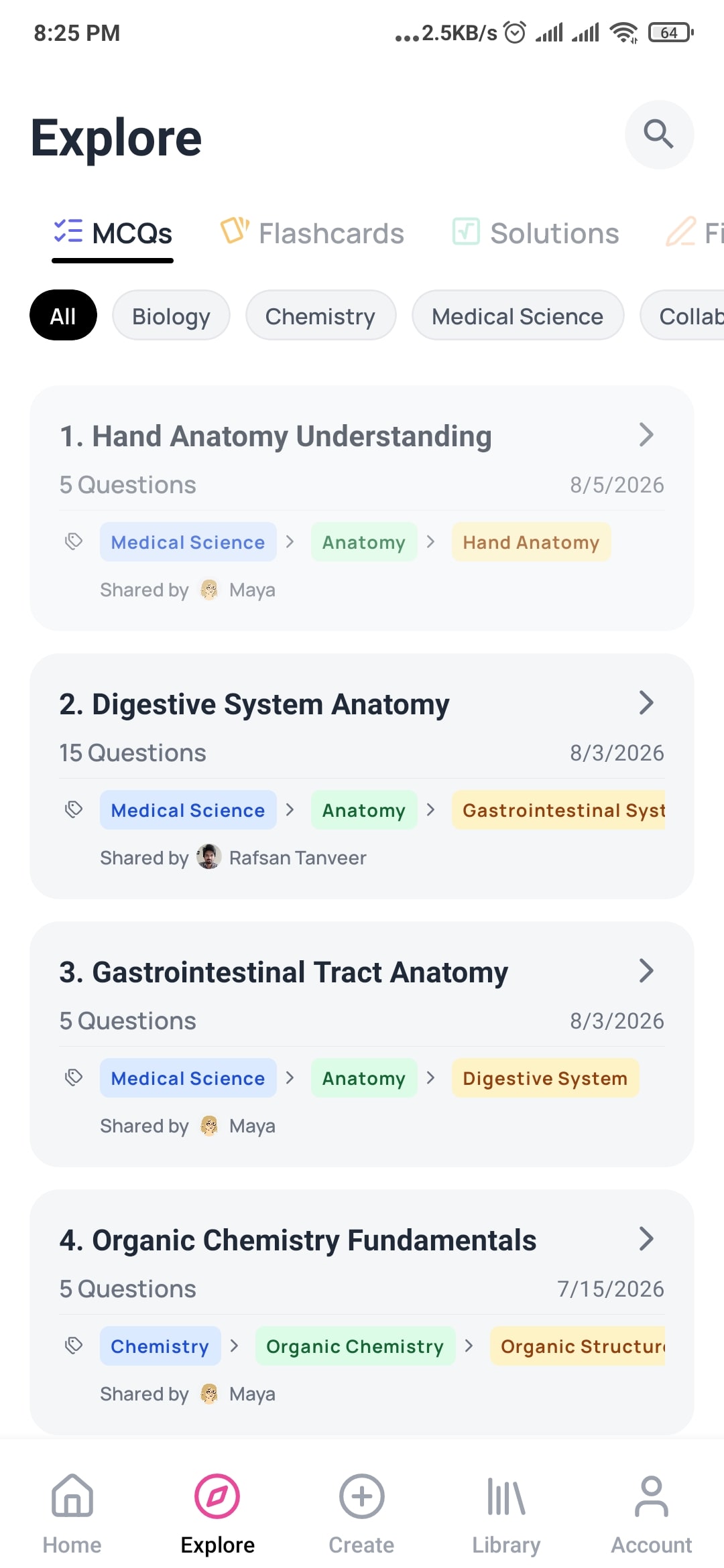 Explore tab listing question sets shared by other learners, filtered by subject