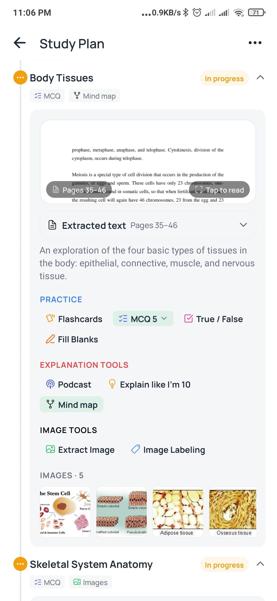 An expanded study plan part showing extracted text, and its practice, explanation and image tools alongside figures pulled from the source pages